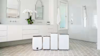 Image of Breville's range of Dehumidifiers on a bathroom floor