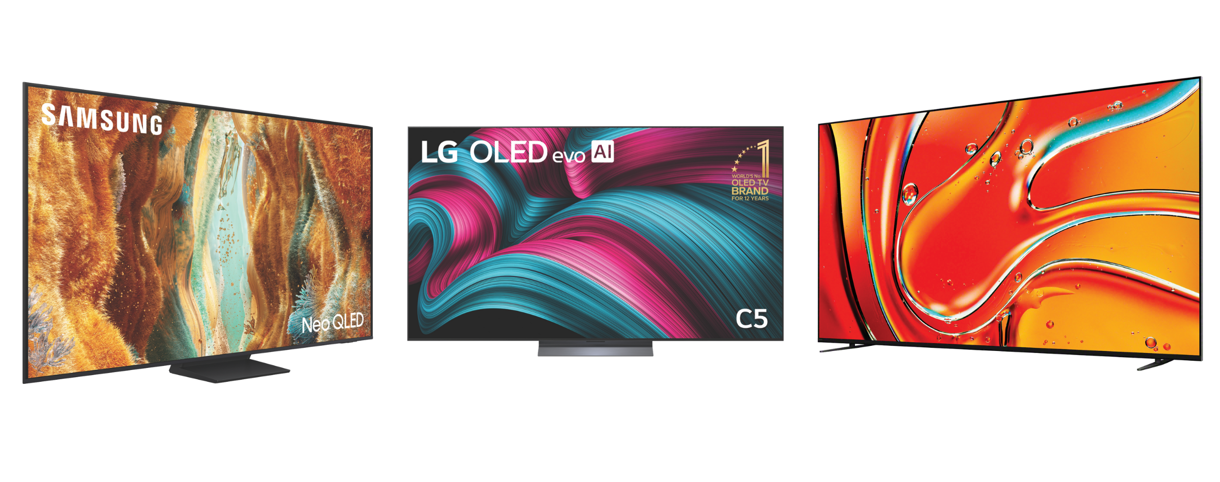 Product images of the Samsung 85" QN70F NEO QLED 4K Mini LED Smart AI TV, Sony 85" BRAVIA 7 4K Mini-LED Google TV and LG 77" OLED EVO C5 AI UHD 4K Smart TV 2025