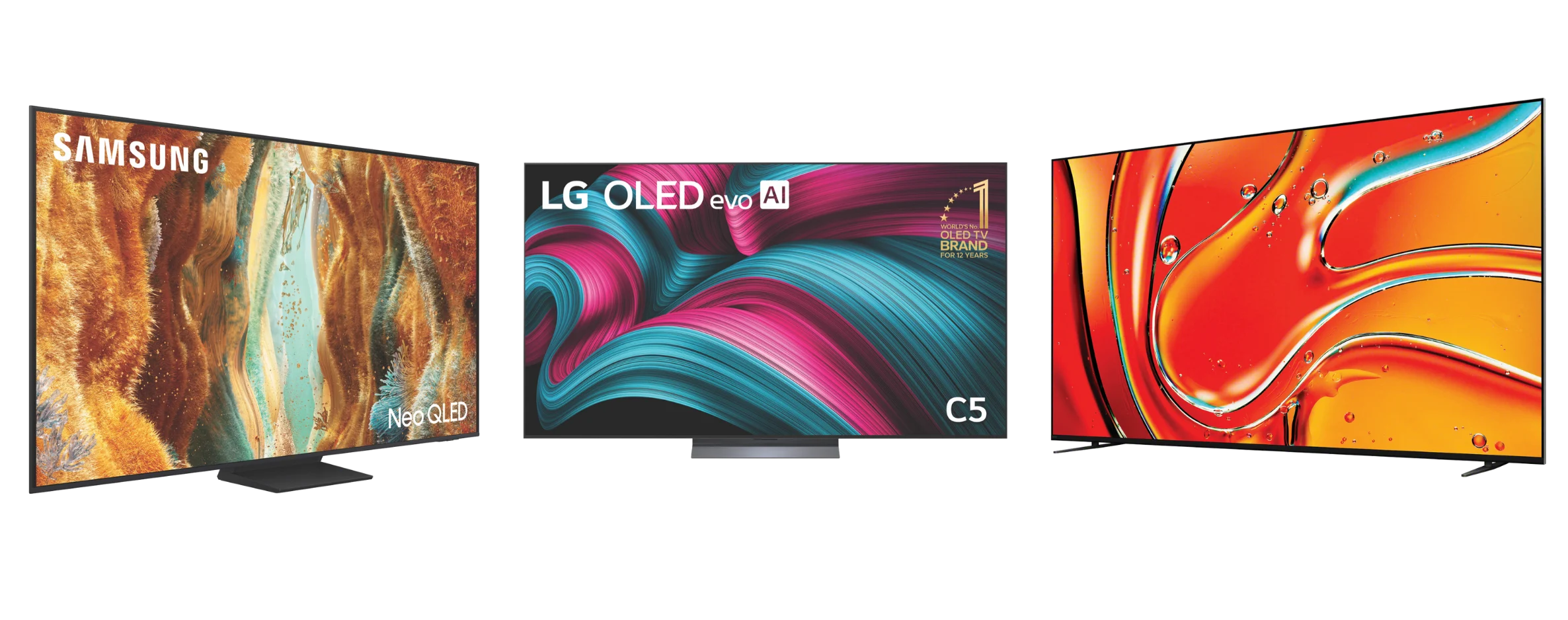 Product images of the Samsung 85" QN70F NEO QLED 4K Mini LED Smart AI TV, Sony 85" BRAVIA 7 4K Mini-LED Google TV and LG 77" OLED EVO C5 AI UHD 4K Smart TV 2025