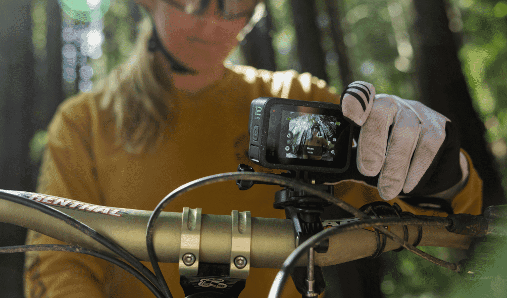 The GoPro Hero12 with Handle Bar mount on a mountain bike