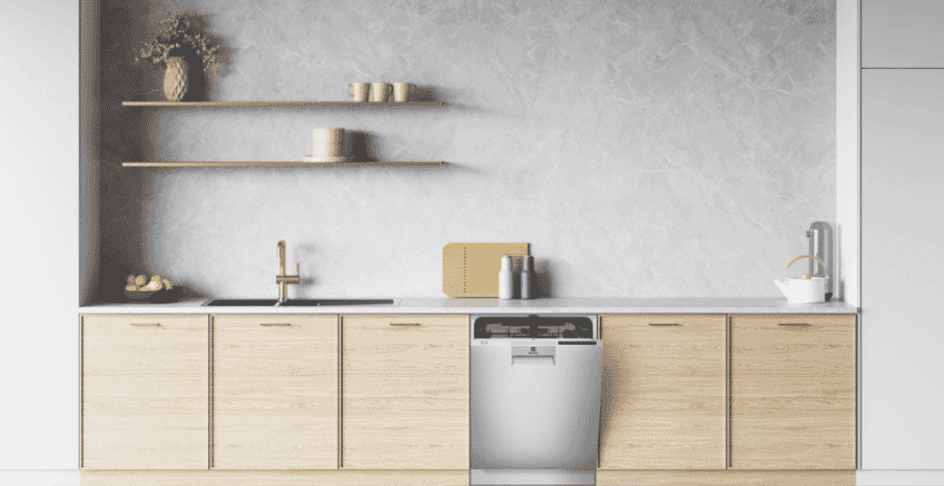 Electrolux dishwasher built into a timber kitchen cabinetry with open shelving above