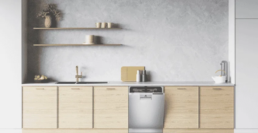 Electrolux dishwasher built into a timber kitchen cabinetry with open shelving above