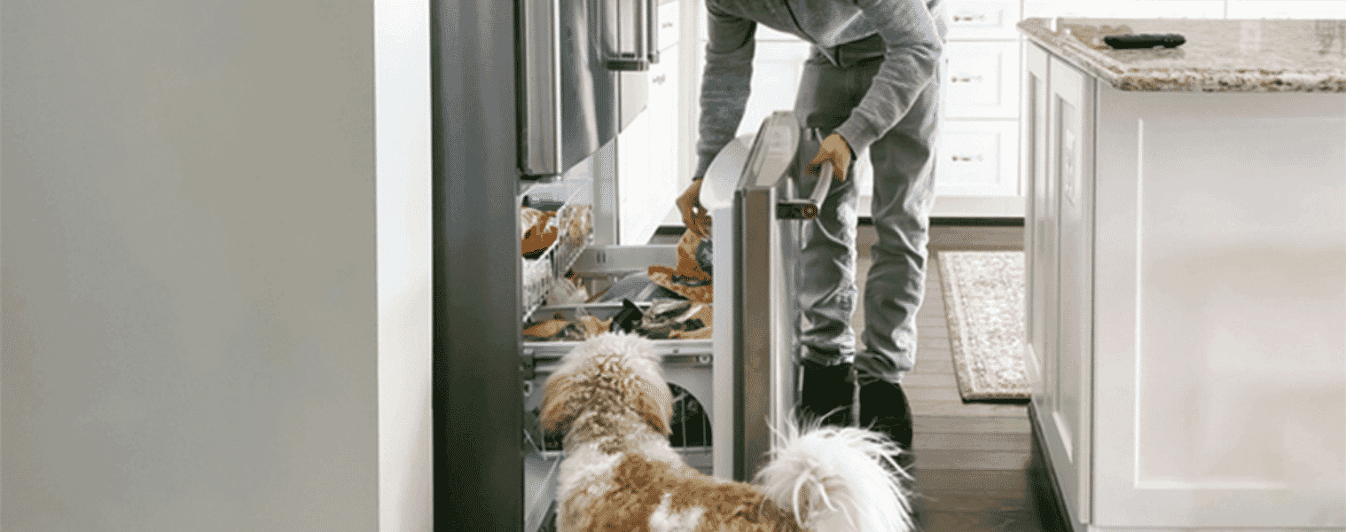 A man searches through his freezer drawer while his dog watches him