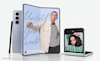 The Samsung Z Fold5 and Flip5 stand side by side with a beige background