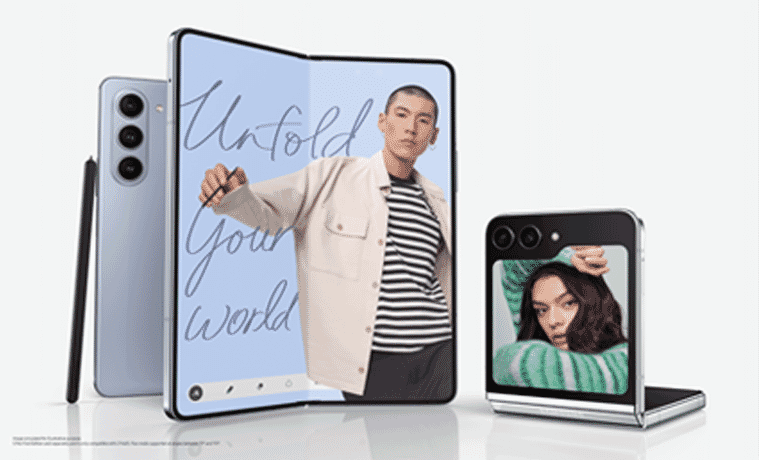 The Samsung Z Fold5 and Flip5 stand side by side with a beige background