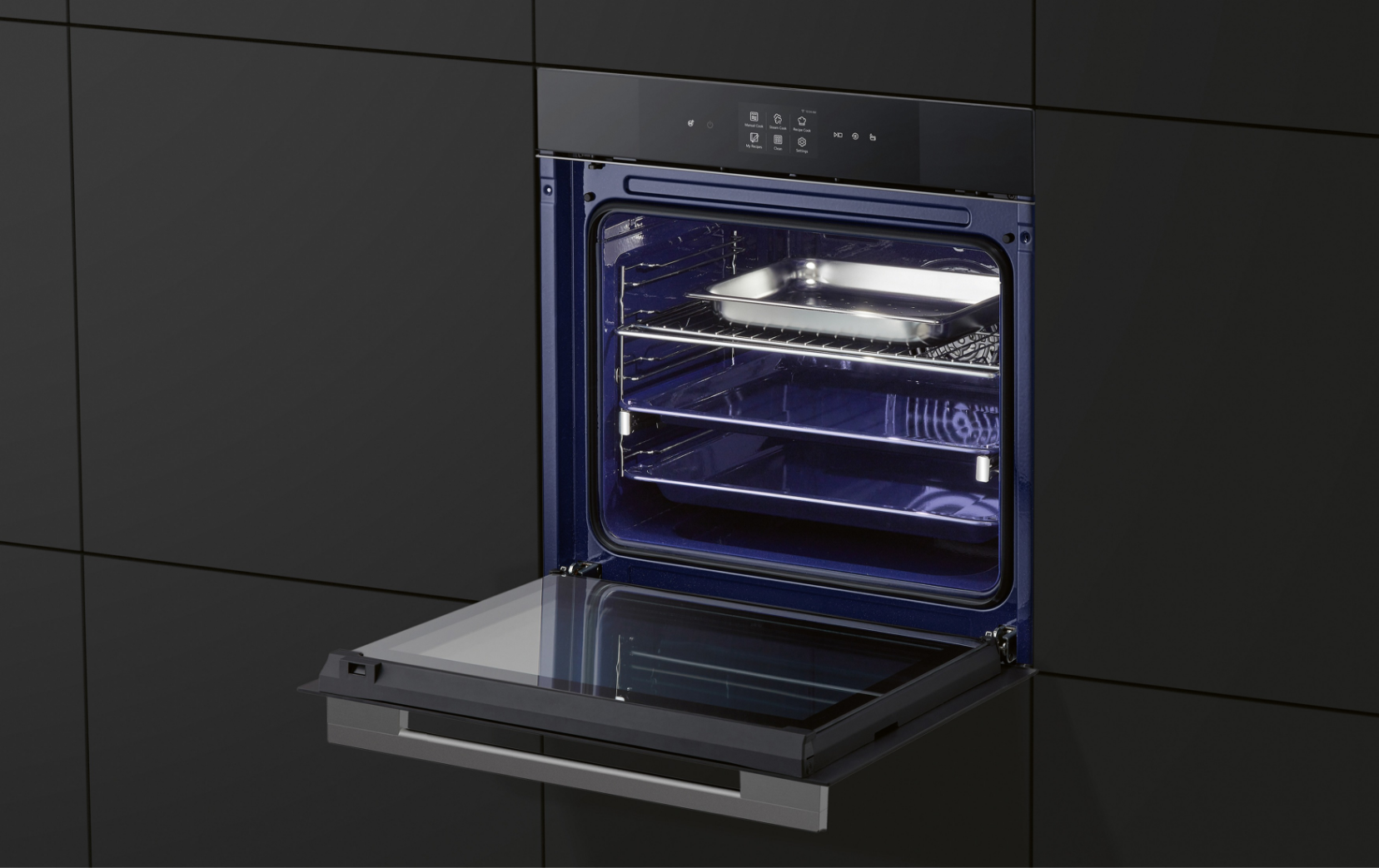 Black LG Oven open in black kitchen. 