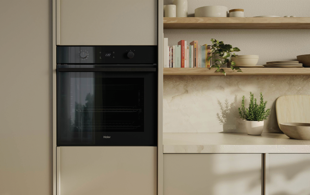 Haier Oven built into a wall in a neutral kitchen. 