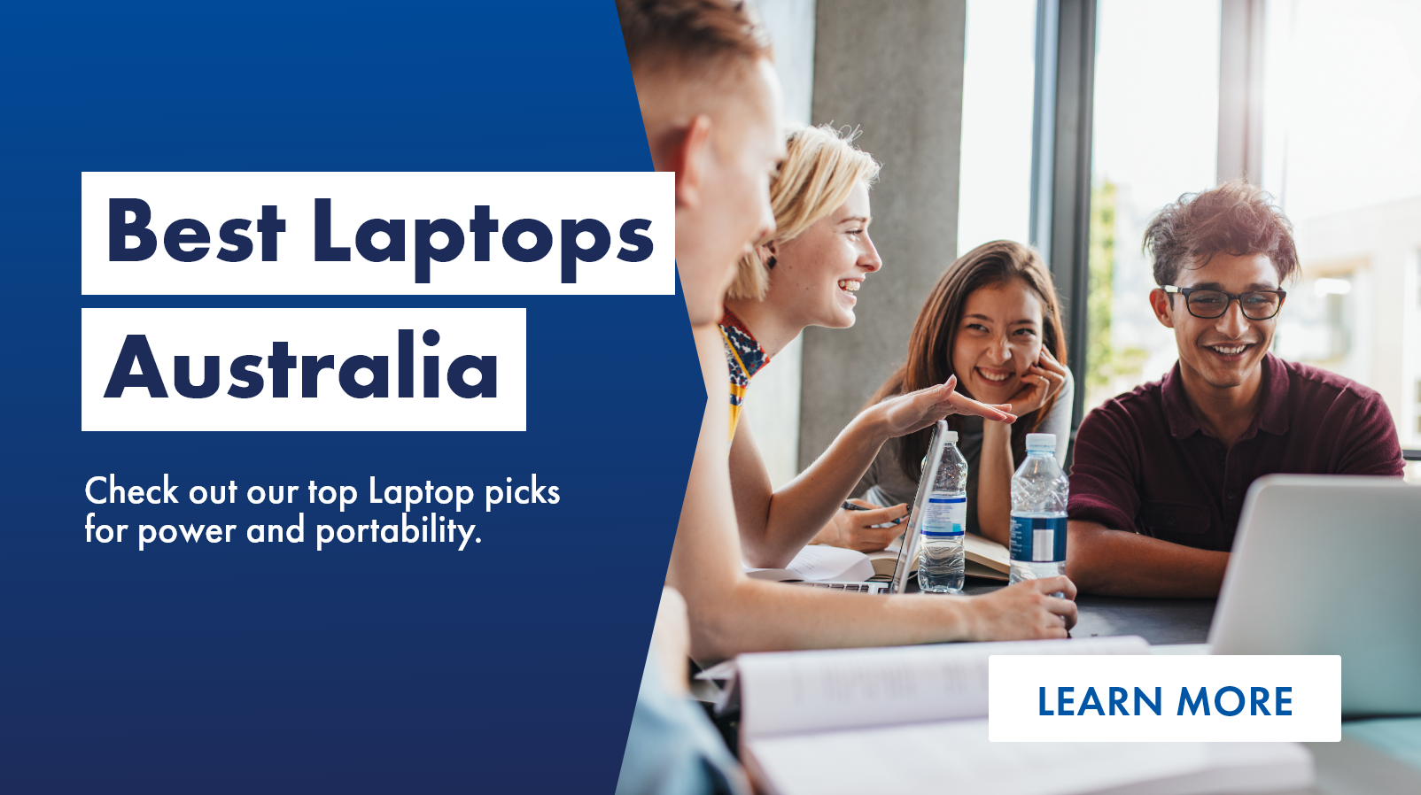 Group of uni students with a man happily using his laptop in a group table, find your perfect laptop at The Good Guys. 