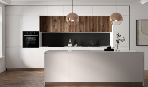 Solt Cooking appliances featured in modern white black and timber kitchen with pendant lights