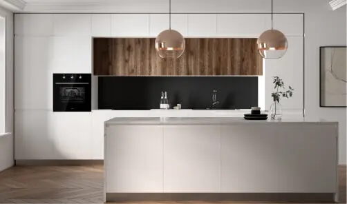 Solt Cooking appliances featured in modern white black and timber kitchen with pendant lights