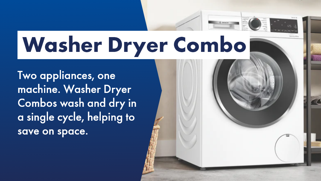 Side shot of Bosch Washer Dryer combo on laundry floor with basket.