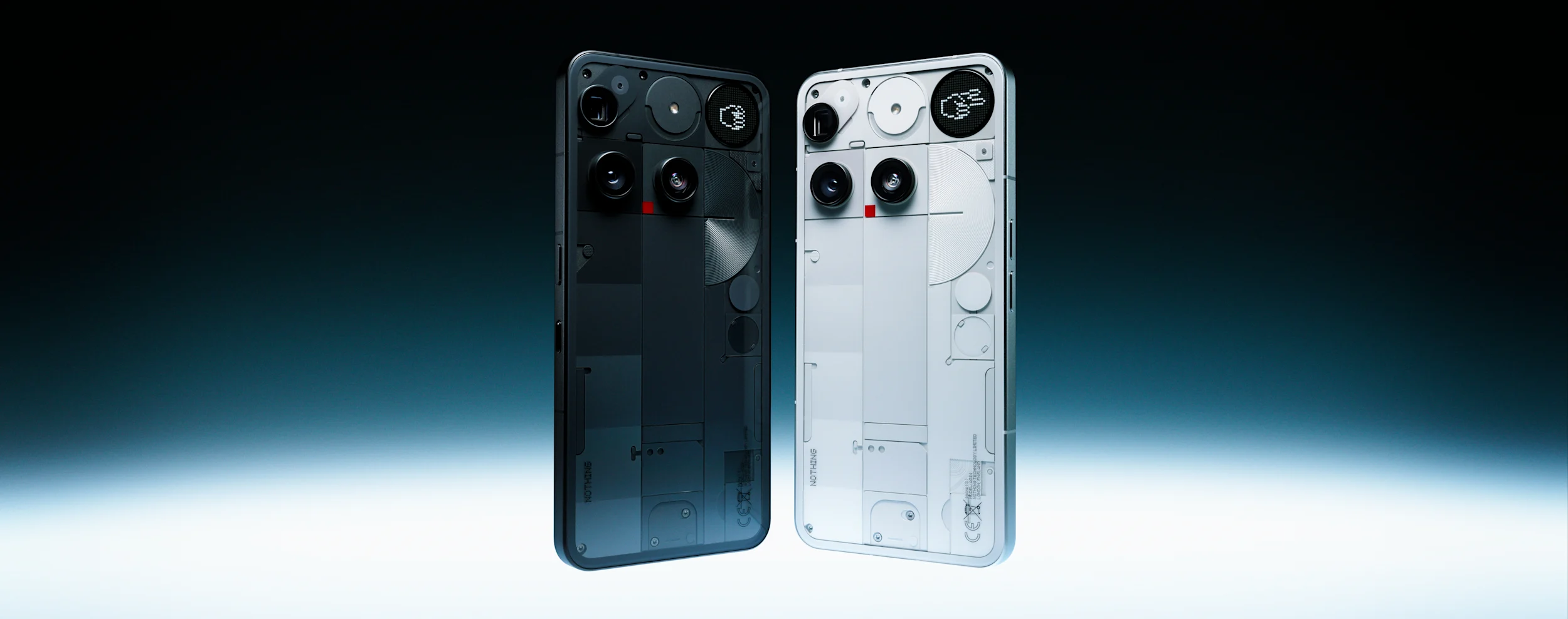 Image of the Nothing phone (3) in black next to the Nothing phone (3) in white