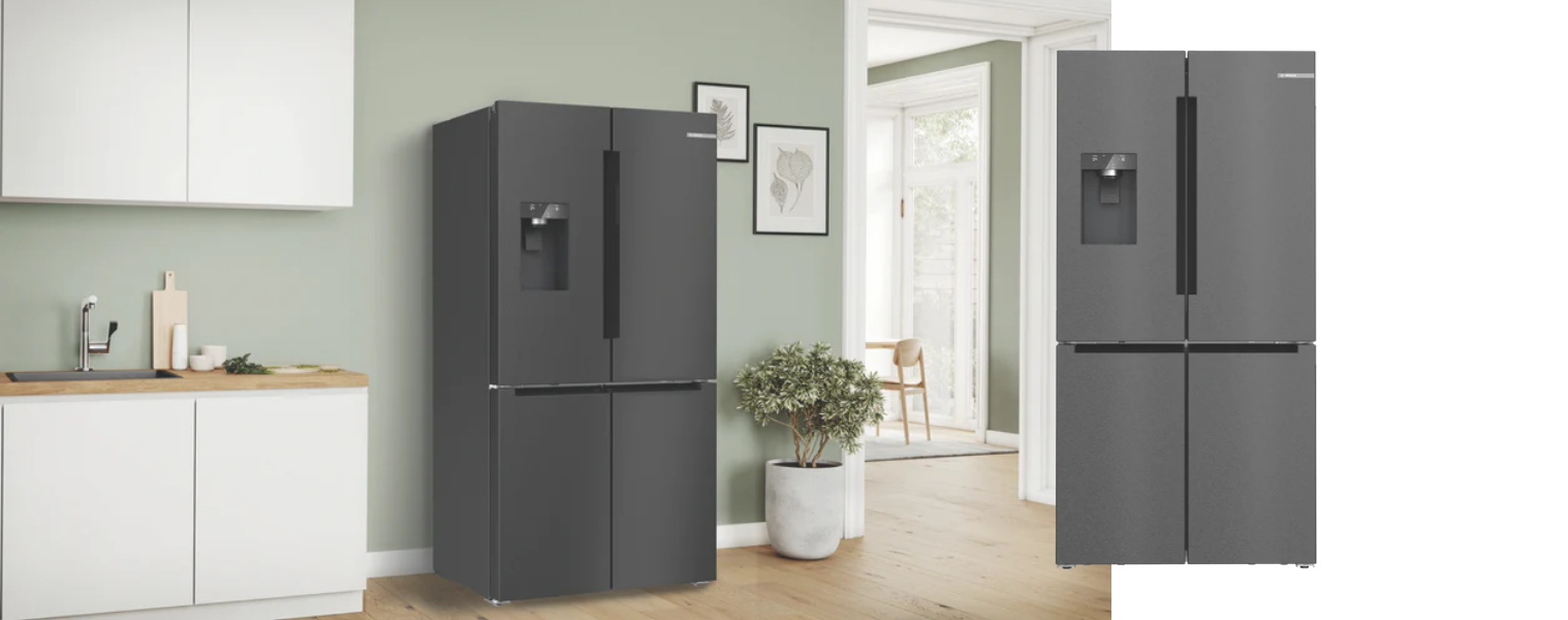 Front and side angle of the Bosch 574L Quad Door Refrigerator in a home kitchen
