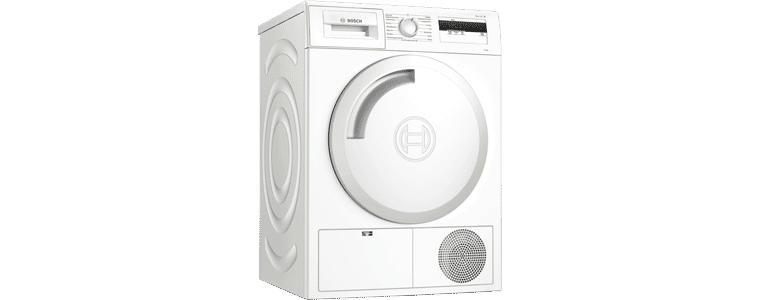 Side on angle image of a Bosch 8kg Heat Pump Dryer