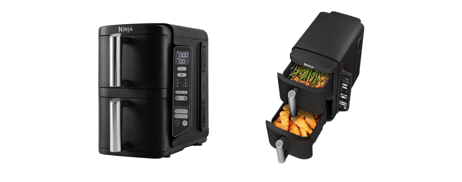 Side angle and from above view with the draws open of the Ninja Double Stack XXL Air fryer