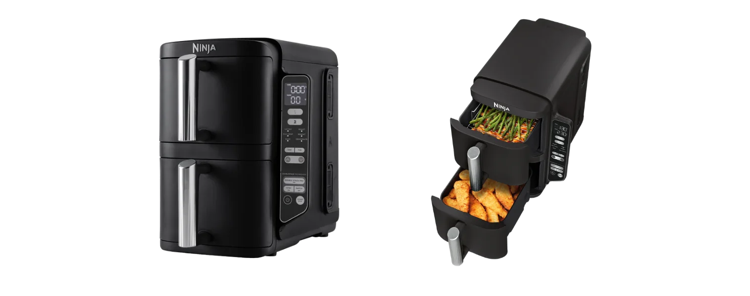 Side angle and from above view with the draws open of the Ninja Double Stack XXL Air fryer