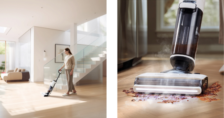 Lifestyle image of a woman using the Tineco One S7 Steam Hard Floor Cleaner