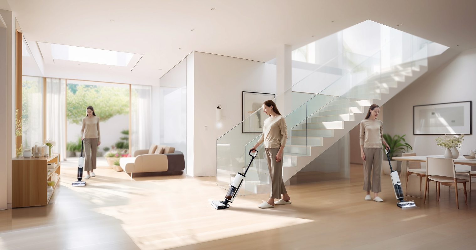 Lifestyle image of a woman using the Tineco One S7 Steam Hard Floor Cleaner