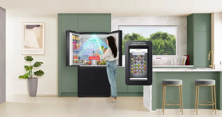 Image of a woman scanning the food inside her Samsung AI Fridge
