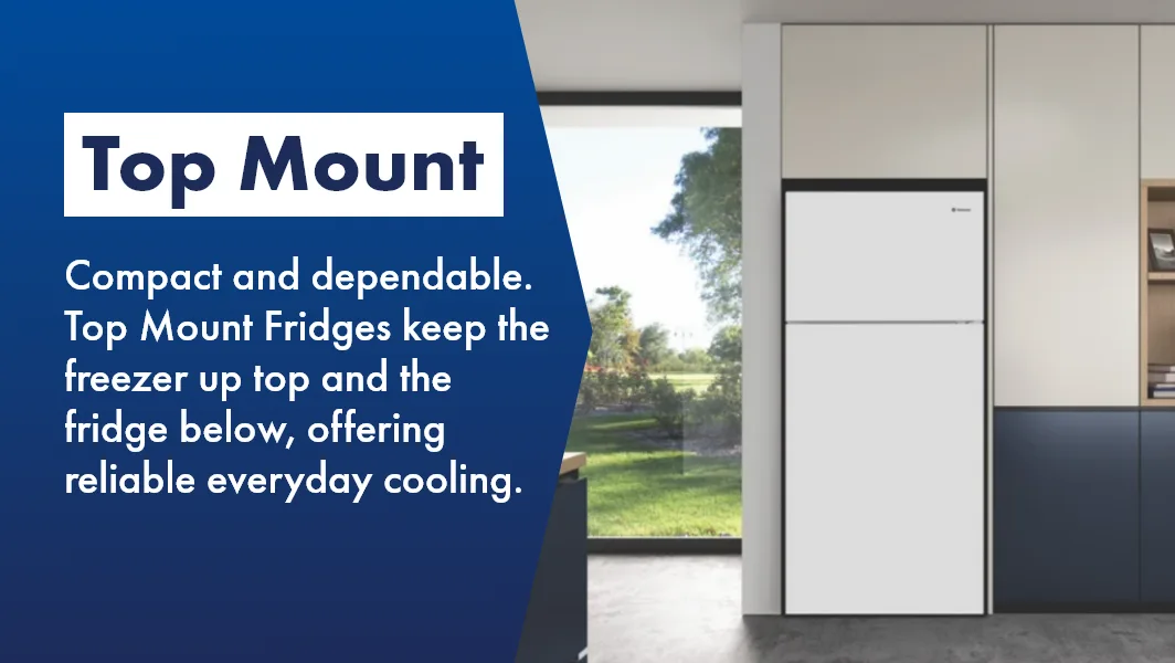 Sleek white top mount fridge in modern kitchen with big window, available at The Good Guys.