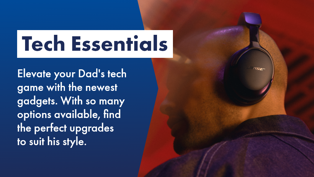 Bose noise cancelling headphone on stylish Man, the perfect gift for the techy Dad this Father's Day. 