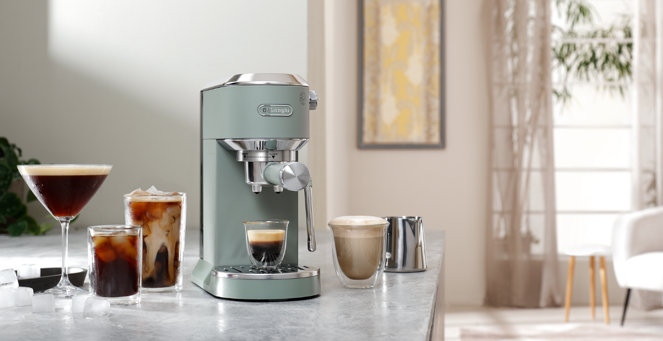 Lifestyle image of the DeLonghi Dedica Duo With Cold Brew Coffee Machine Green