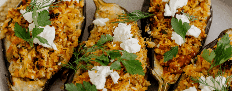Delicious stuffed eggplants sitting on a plate waiting to be eaten for Easter lunch