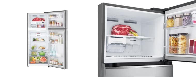 A side by side of two open fridges.
