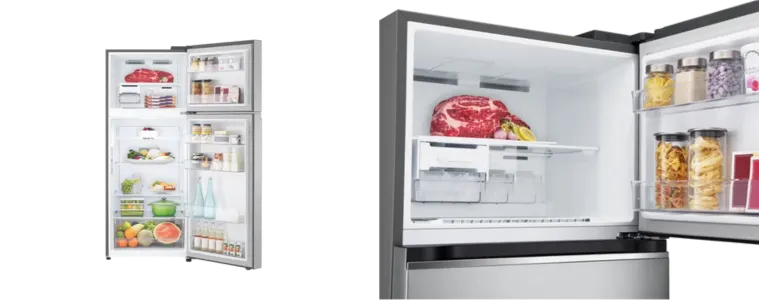 A side by side of two open fridges.