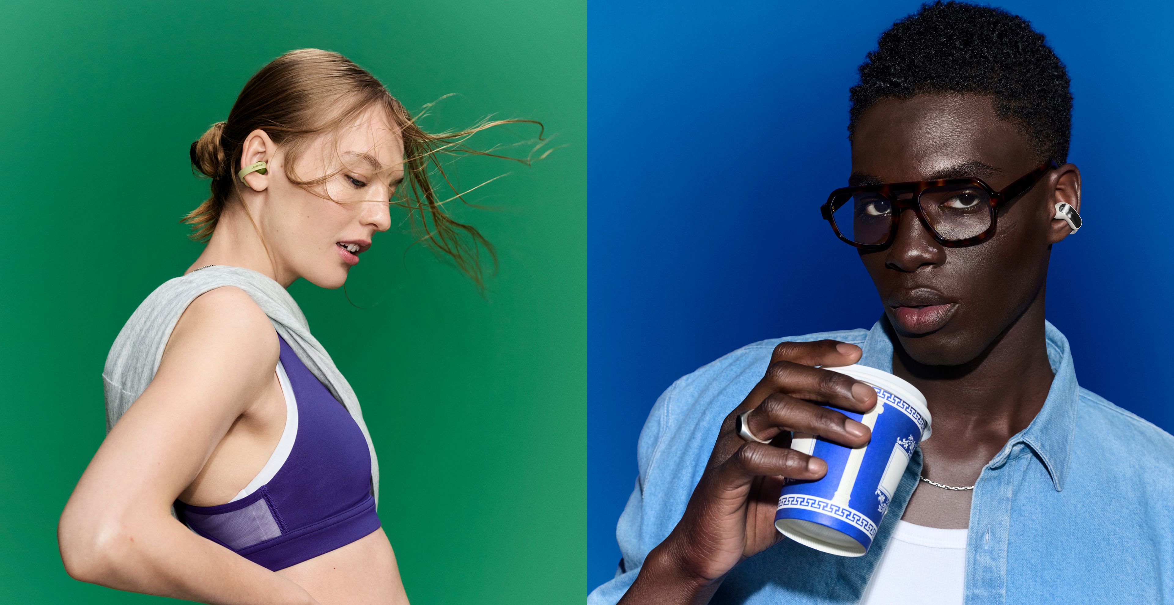 Image of a man wearing the BOSE Ultra Open Earbud (2nd Gen) and a woman wearing the BOSE Sports Open Earbud