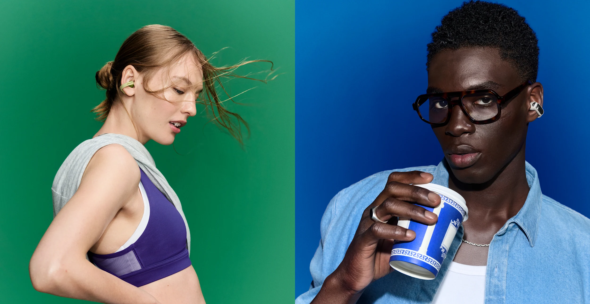 Image of a man wearing the BOSE Ultra Open Earbud (2nd Gen) and a woman wearing the BOSE Sports Open Earbud