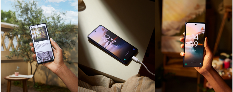 images of TCL phone being held and on charge in a bedroom