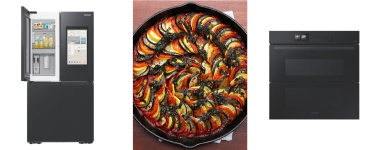 Image of a Samsung fridge, Ratatouille dish and Samsung oven