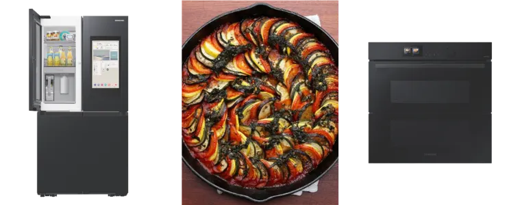Image of a Samsung fridge, Ratatouille dish and Samsung oven
