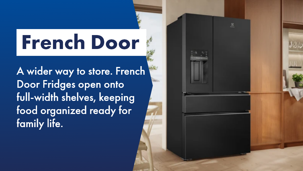 Chic Electrolux French Door Fridge in wooden bright kitchen, available at The Good Guys. 