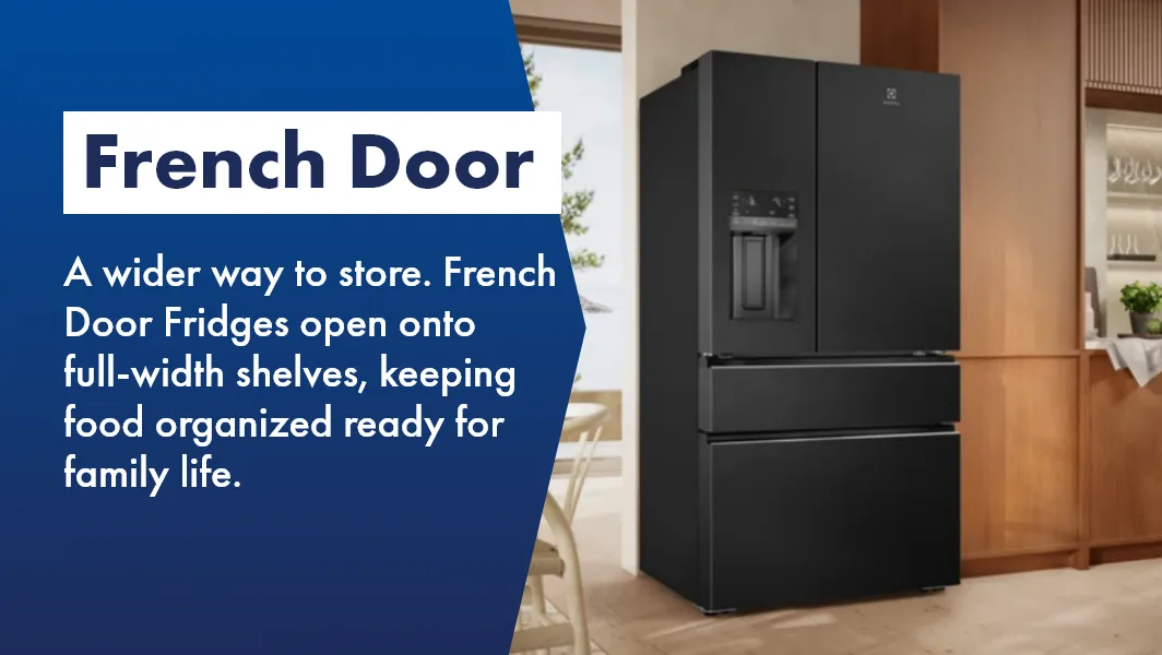 Chic Electrolux French Door Fridge in wooden bright kitchen, available at The Good Guys.