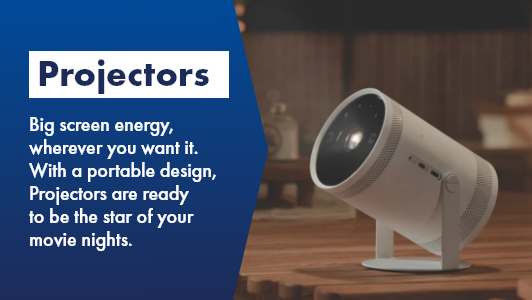 Samsung Projector projecting onto a wall, shop now at The Good Guys! 