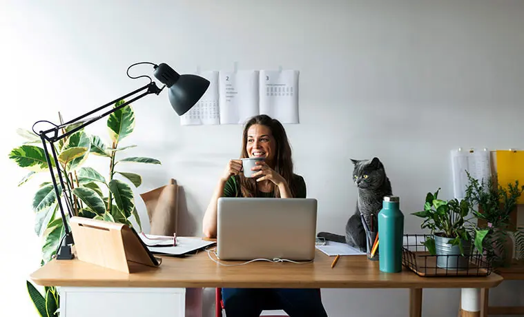 Smiling businesswoman with cat on desk having a coffee in her home office