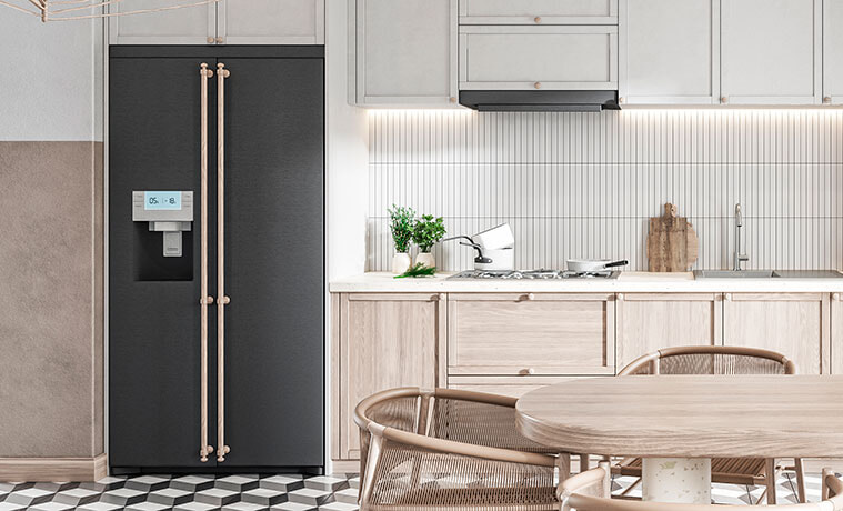 Double door smart fridge stands out in a modern highend kitchen with white and beech timber cabinetry