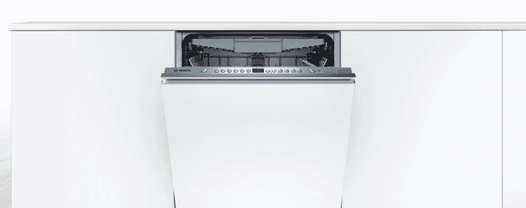 The Miele Fully Integrated Clean Steel Dishwasher integrated into the white cabinets of a kitchen