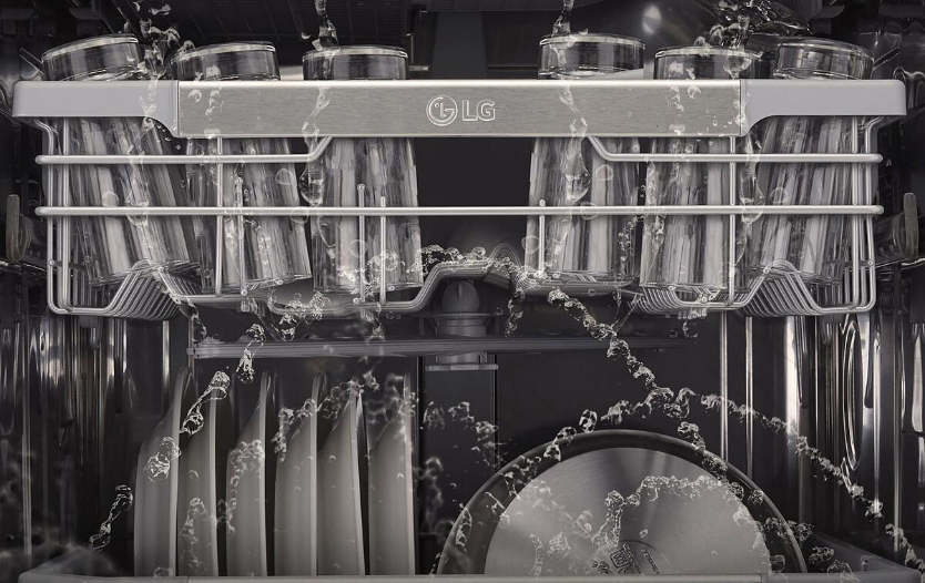 Cups in the top rack are being washed with a gentle cycle while dishes in the bottom rack are being washed at the same time on a strong cycle in an LG QuadWash dishwasher.