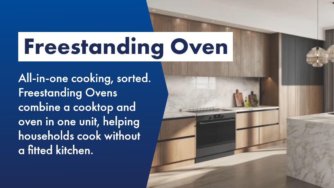 Chic freestanding oven in beautiful kitchen, now available at The Good Guys. 