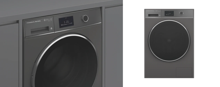 Product image of the Fisher & Paykel 11kg Front Load Washer close up in cabinetry as well as of the product. 