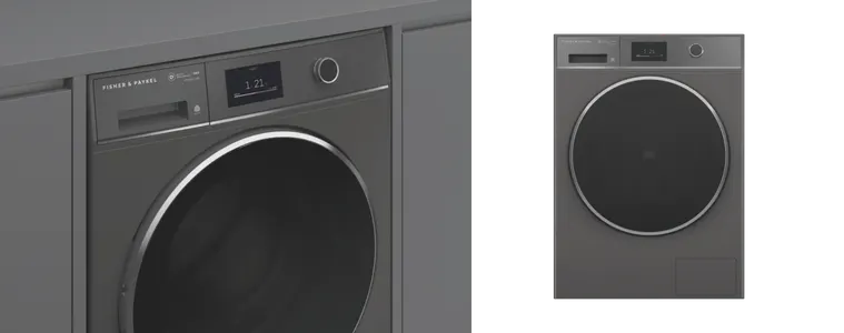 Product image of the Fisher & Paykel 11kg Front Load Washer close up in cabinetry as well as of the product.