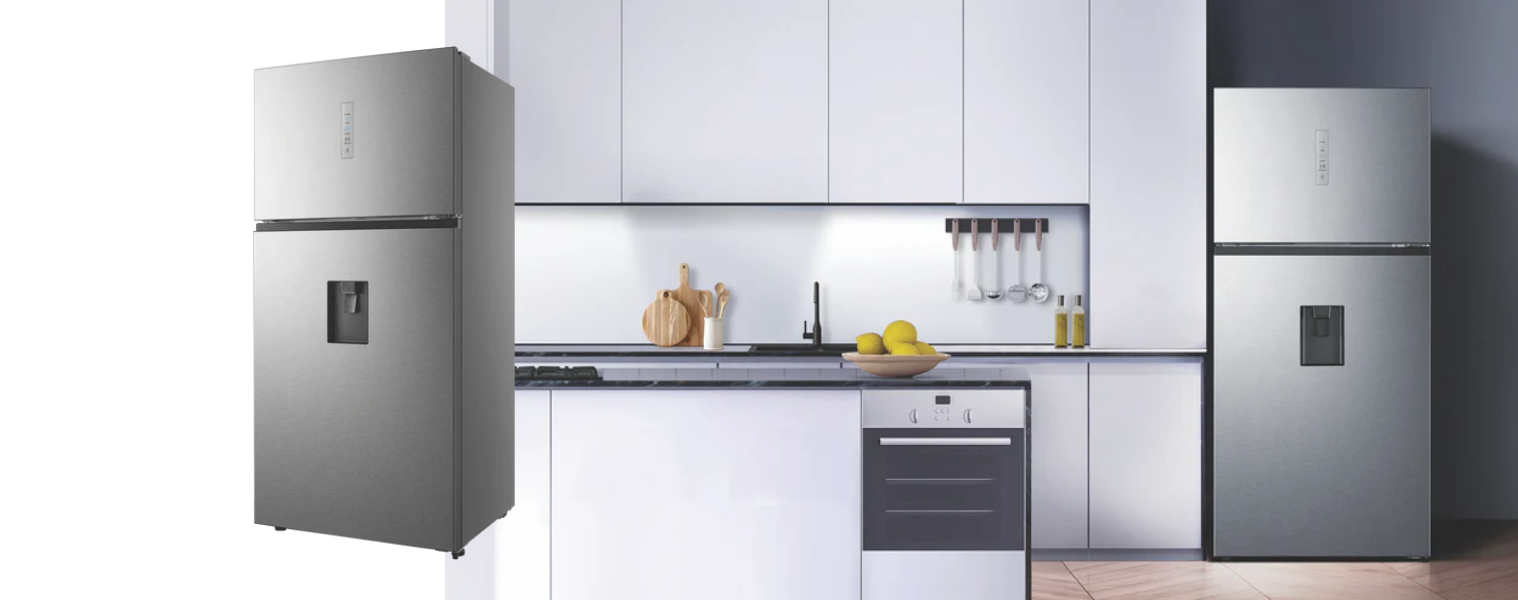 Side and front angle of the Hisense 496L Top Mount Refrigerator in a modern kitchen 