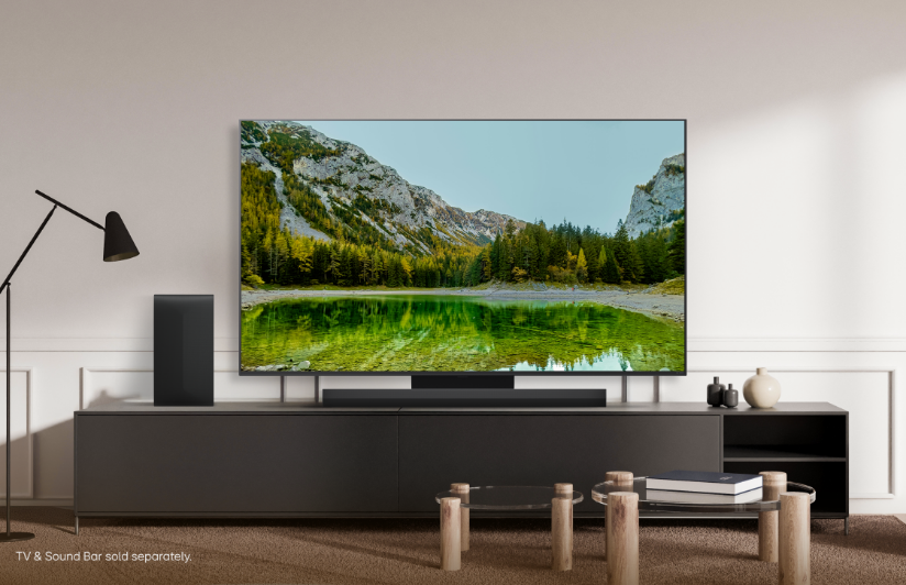 LG QNED TV with greenery on screen.