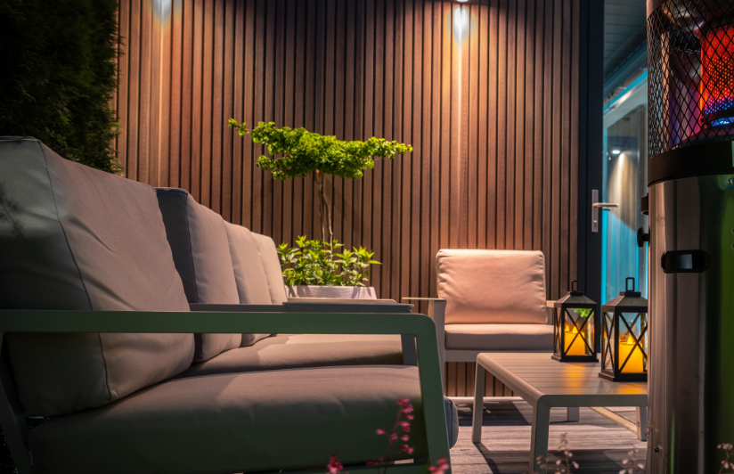 Outdoor patio heater glowing on a covered alfresco area beside lounge seating and a lantern at night