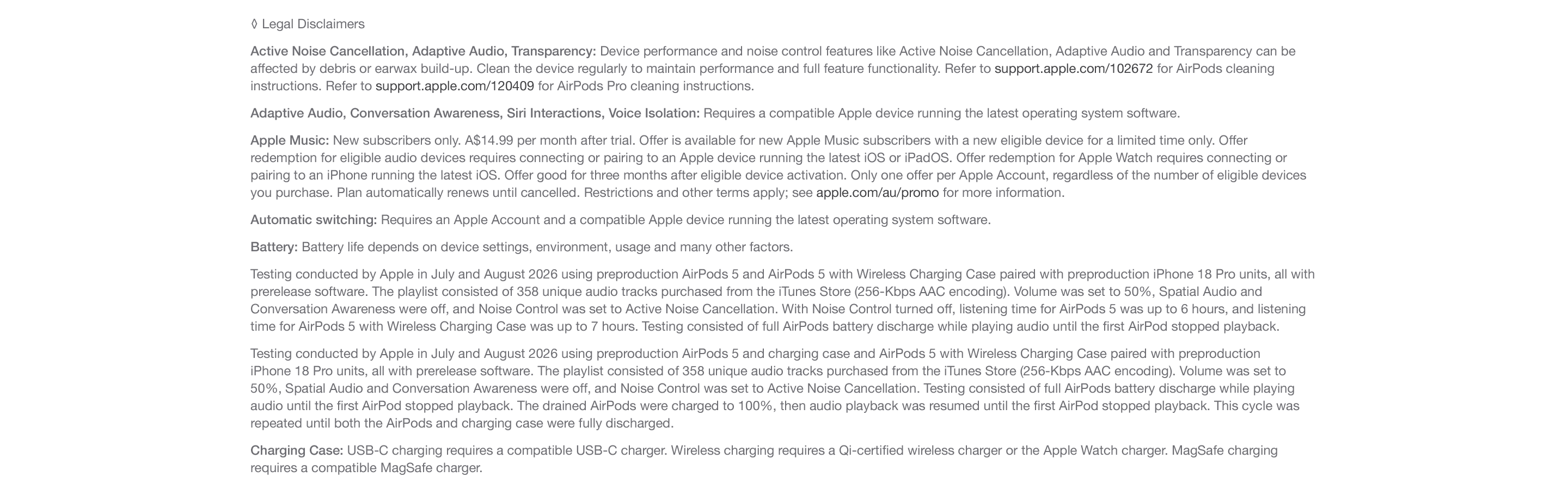 Disclaimers for the Apple AirPods 5