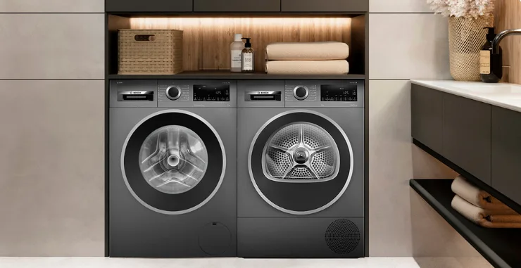 Bosch graphite range in stylish bathroom laundry.