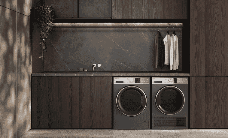 Fisher  Paykel 10kg Front Load Washer and Fisher  Paykel 9kg Heat Pump Dryer in a laundry 